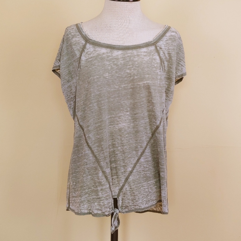 DKNY Thin Sheer Green Distressed T-Shirt. Large